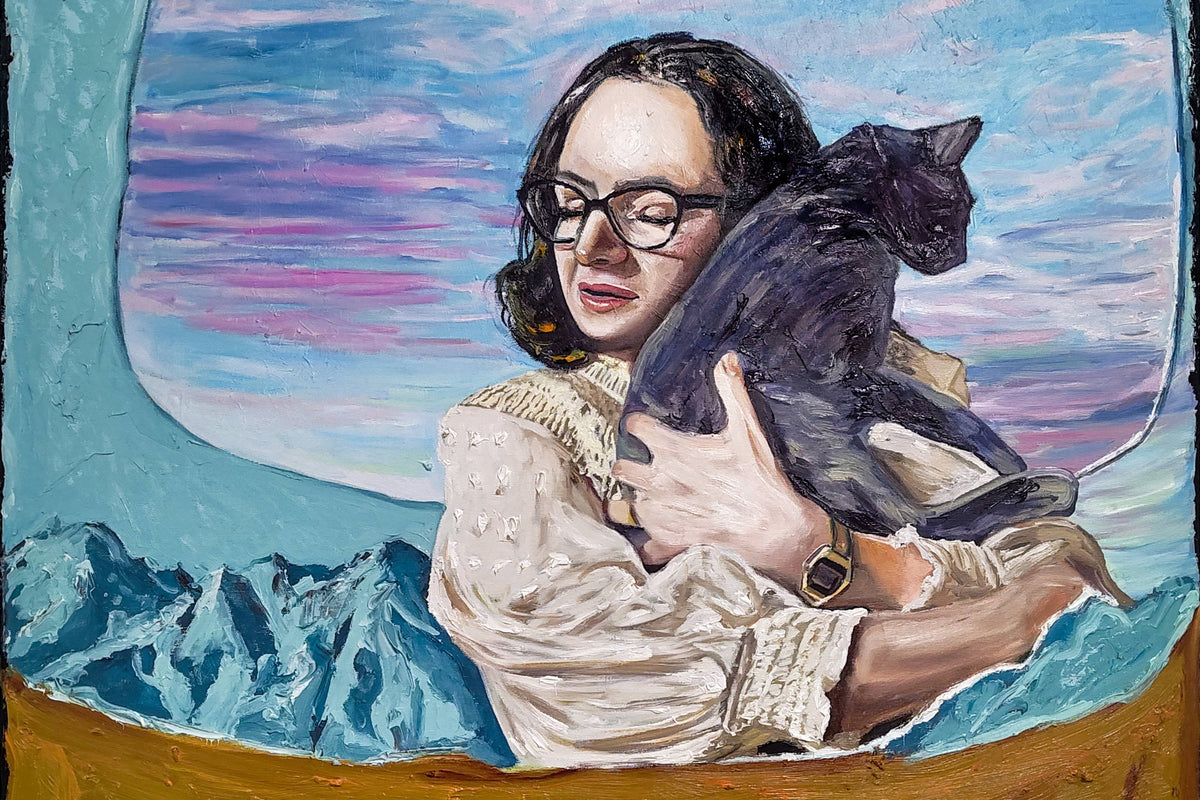 An expressive painting of a woman with dark hair and glasses holding a black cat, set against a blue sky-like oval and a mountainous landscape, with a large red and gold foreground area